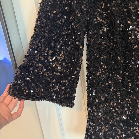 Black Sequin Long Sleeve Tunic Dress Ribbon Back - Women's L - Picture 7 of 7